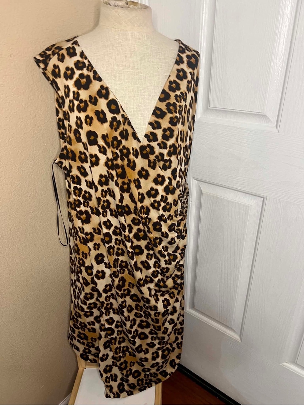 Charter Club Woman 2X Leopard Print Faux Wrap Dress Sleeveless Ruched Stretch